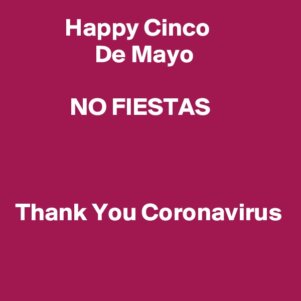           Happy Cinco                              De Mayo

           NO FIESTAS   
 


Thank You Coronavirus 

