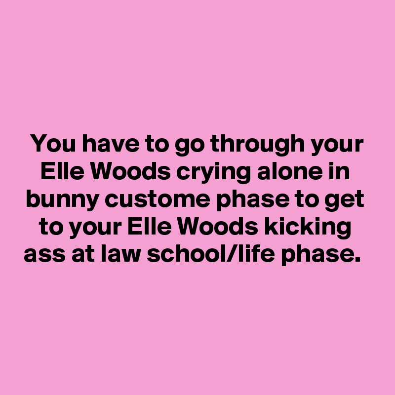 



You have to go through your Elle Woods crying alone in bunny custome phase to get to your Elle Woods kicking ass at law school/life phase. 



