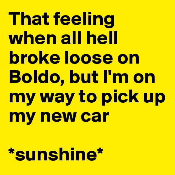 That feeling when all hell broke loose on Boldo, but I'm on my way to pick up my new car

*sunshine*