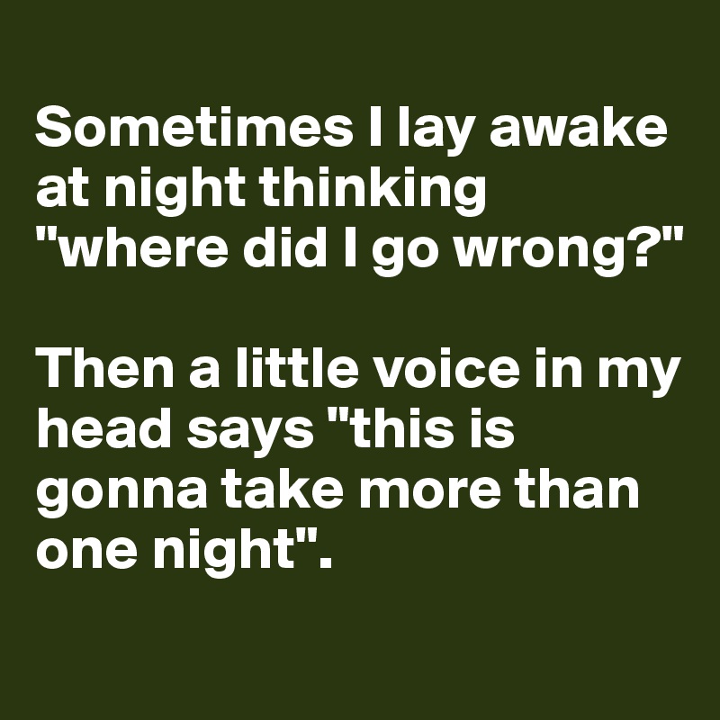 
Sometimes I lay awake at night thinking "where did I go wrong?" 

Then a little voice in my head says "this is gonna take more than one night".
