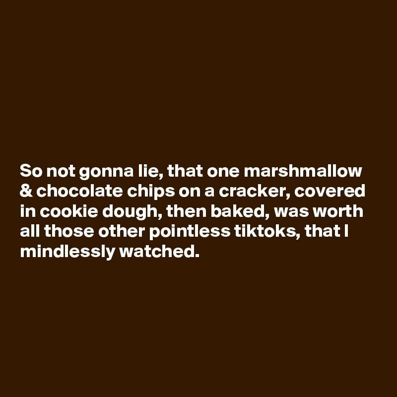 






So not gonna lie, that one marshmallow & chocolate chips on a cracker, covered in cookie dough, then baked, was worth all those other pointless tiktoks, that I mindlessly watched.




