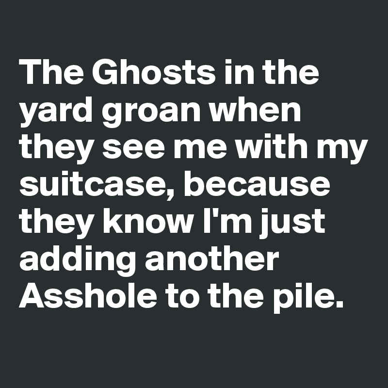 
The Ghosts in the yard groan when they see me with my suitcase, because they know I'm just adding another Asshole to the pile. 
