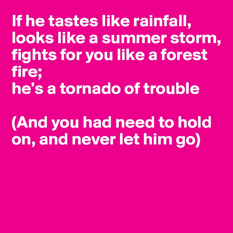 If he tastes like rainfall,
looks like a summer storm,
fights for you like a forest 
fire;
he's a tornado of trouble

(And you had need to hold
on, and never let him go)



