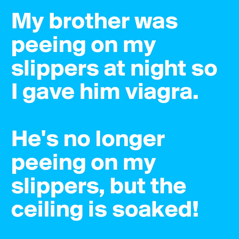 My brother was peeing on my slippers at night so I gave him viagra.

He's no longer peeing on my slippers, but the ceiling is soaked!