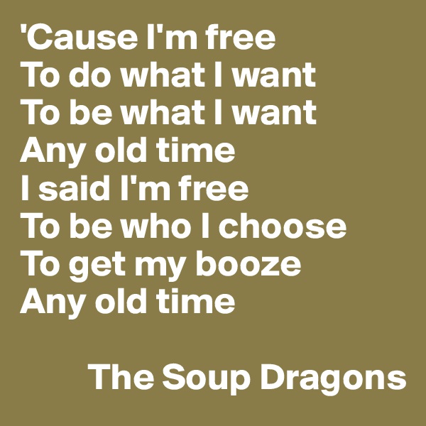 'Cause I'm free
To do what I want
To be what I want
Any old time
I said I'm free
To be who I choose
To get my booze
Any old time

         The Soup Dragons
