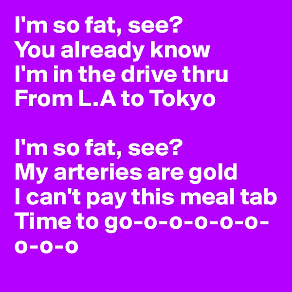 I'm so fat, see?
You already know
I'm in the drive thru
From L.A to Tokyo

I'm so fat, see?
My arteries are gold
I can't pay this meal tab
Time to go-o-o-o-o-o-o-o-o