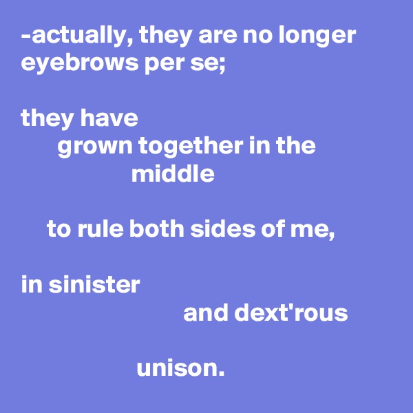 -actually, they are no longer
eyebrows per se;
 
they have 
       grown together in the
                     middle

     to rule both sides of me,

in sinister
                               and dext'rous                    
                      unison.