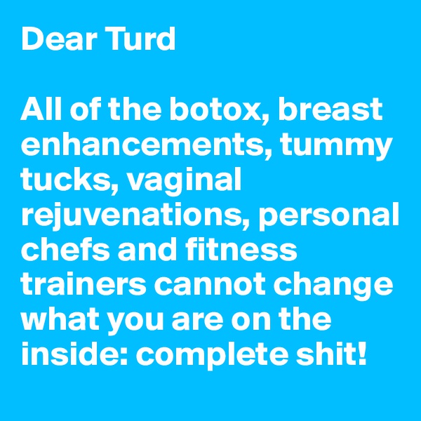 Dear Turd

All of the botox, breast enhancements, tummy tucks, vaginal rejuvenations, personal chefs and fitness trainers cannot change what you are on the inside: complete shit!