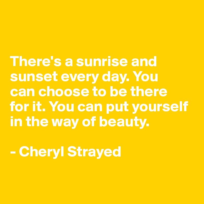 


There's a sunrise and sunset every day. You 
can choose to be there 
for it. You can put yourself in the way of beauty.

- Cheryl Strayed

