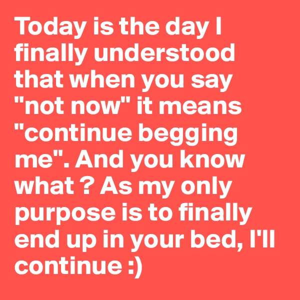 Today is the day I finally understood that when you say "not now" it means "continue begging me". And you know what ? As my only purpose is to finally end up in your bed, I'll continue :)