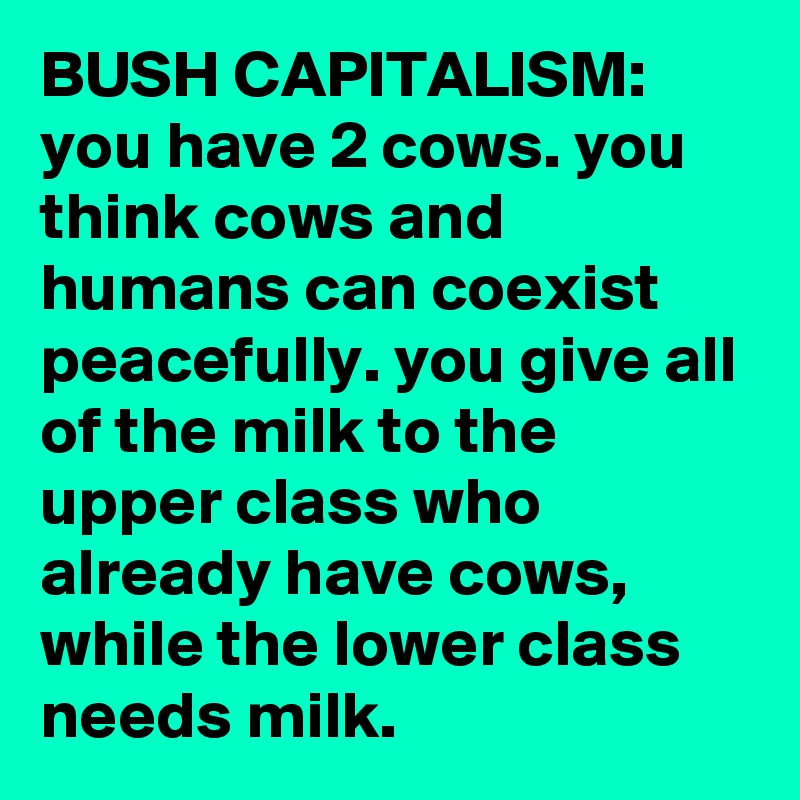 BUSH CAPITALISM: you have 2 cows. you think cows and humans can coexist peacefully. you give all of the milk to the upper class who already have cows, while the lower class needs milk.