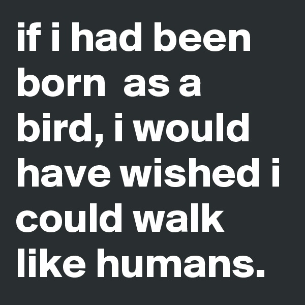 if i had been born  as a bird, i would have wished i could walk like humans. 