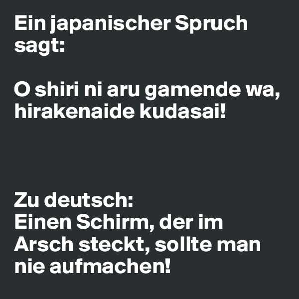 Ein japanischer Spruch sagt: 

O shiri ni aru gamende wa, hirakenaide kudasai!



Zu deutsch:
Einen Schirm, der im Arsch steckt, sollte man nie aufmachen!
