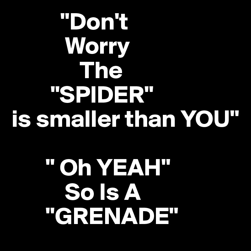           "Don't 
           Worry
              The 
        "SPIDER"
is smaller than YOU"

       " Oh YEAH" 
           So Is A
       "GRENADE" 