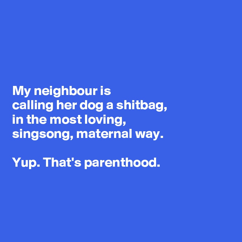 




My neighbour is 
calling her dog a shitbag, 
in the most loving, 
singsong, maternal way. 

Yup. That's parenthood. 



