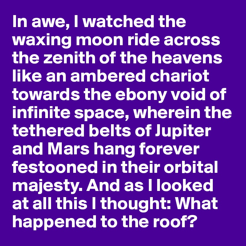 In awe, I watched the waxing moon ride across the zenith of the heavens like an ambered chariot towards the ebony void of infinite space, wherein the tethered belts of Jupiter and Mars hang forever festooned in their orbital majesty. And as I looked at all this I thought: What happened to the roof?