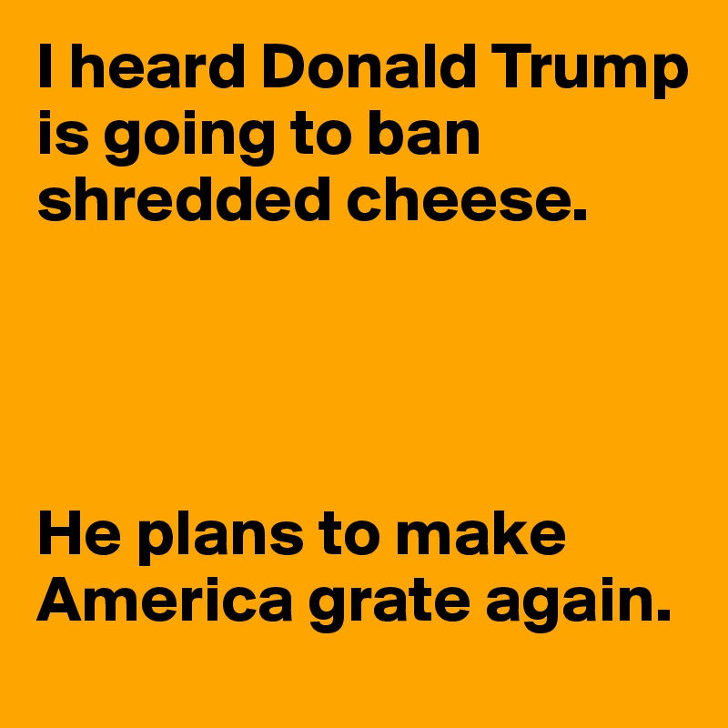 I heard Donald Trump is going to ban shredded cheese.




He plans to make America grate again.