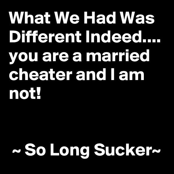 What We Had Was Different Indeed....
you are a married cheater and I am not!


 ~ So Long Sucker~