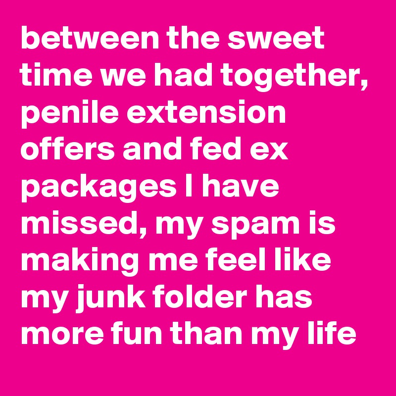 between the sweet time we had together, penile extension offers and fed ex packages I have missed, my spam is making me feel like my junk folder has more fun than my life 