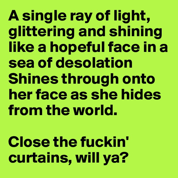 A single ray of light, glittering and shining like a hopeful face in a sea of desolation
Shines through onto her face as she hides from the world.

Close the fuckin' curtains, will ya?