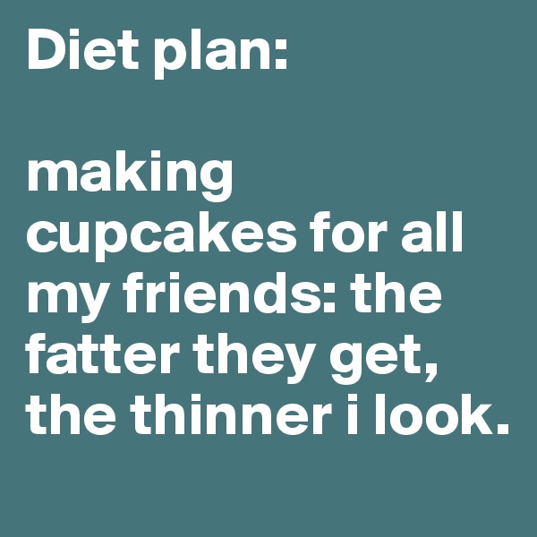 Diet plan:

making cupcakes for all my friends: the fatter they get, the thinner i look.