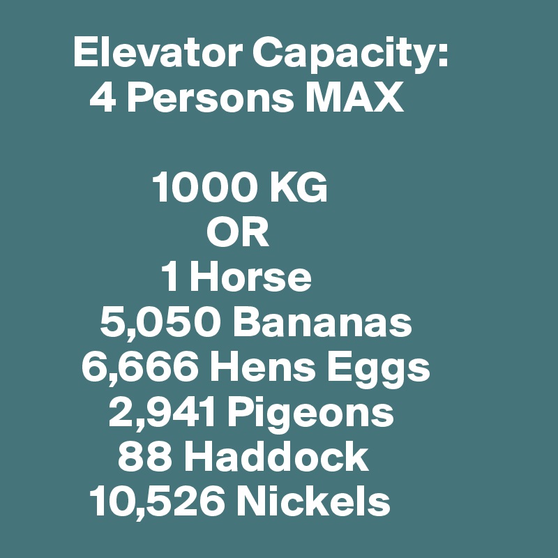      Elevator Capacity:    
       4 Persons MAX
 
              1000 KG 
                    OR 
               1 Horse
        5,050 Bananas
      6,666 Hens Eggs
         2,941 Pigeons
          88 Haddock
       10,526 Nickels
