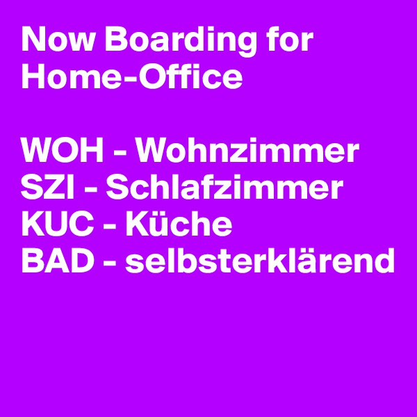 Now Boarding for Home-Office

WOH - Wohnzimmer
SZI - Schlafzimmer
KUC - Küche
BAD - selbsterklärend


