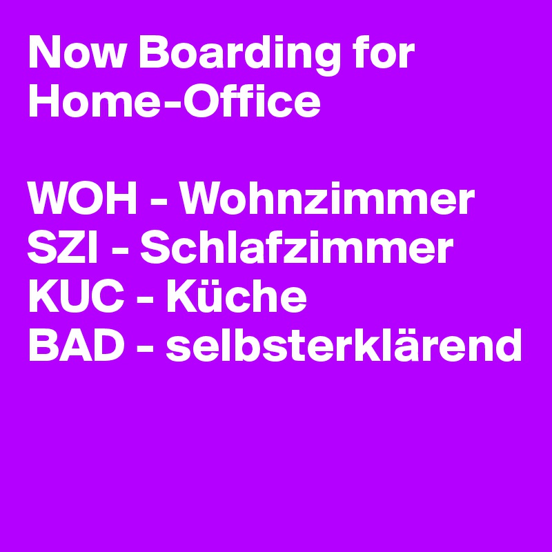 Now Boarding for Home-Office

WOH - Wohnzimmer
SZI - Schlafzimmer
KUC - Küche
BAD - selbsterklärend


