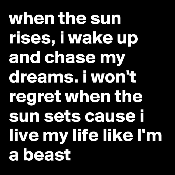 when the sun rises, i wake up and chase my dreams. i won't regret when the sun sets cause i live my life like I'm a beast