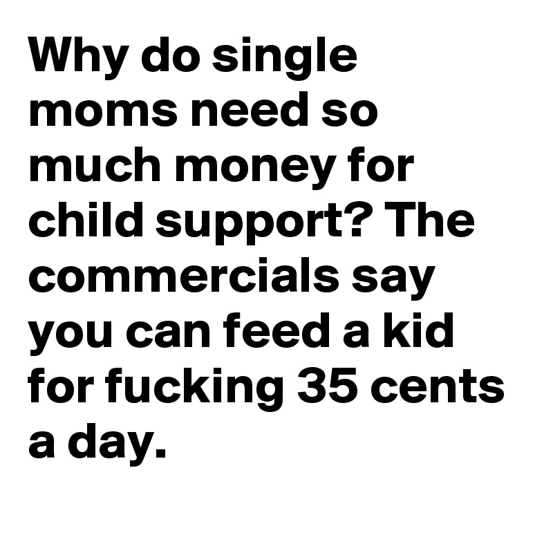 Why do single moms need so much money for child support? The commercials say you can feed a kid for fucking 35 cents a day. 
