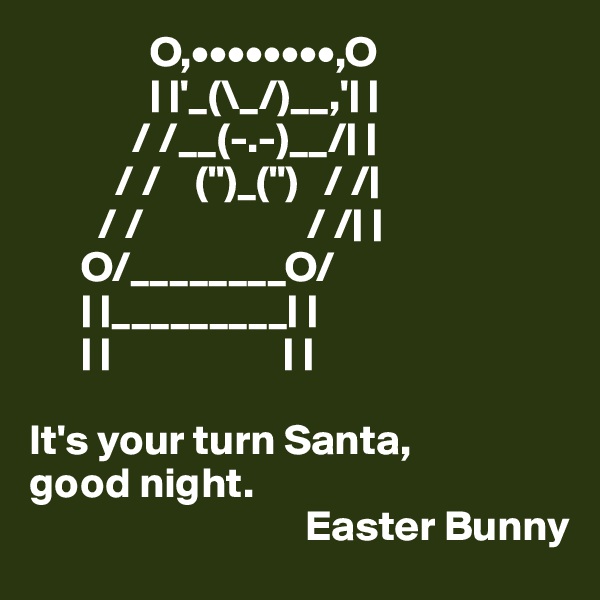               O,••••••••,O
              | |'_(\_/)__,'| |
            / /__(-.-)__/| |
          / /    (")_(")   / /|
        / /                   / /| |
      O/________O/
      | |_________| |
      | |                    | |
 
It's your turn Santa, 
good night.
                                Easter Bunny
