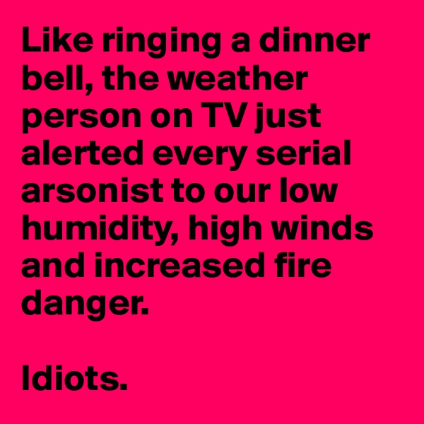 Like ringing a dinner bell, the weather person on TV just alerted every serial arsonist to our low humidity, high winds and increased fire danger.

Idiots.