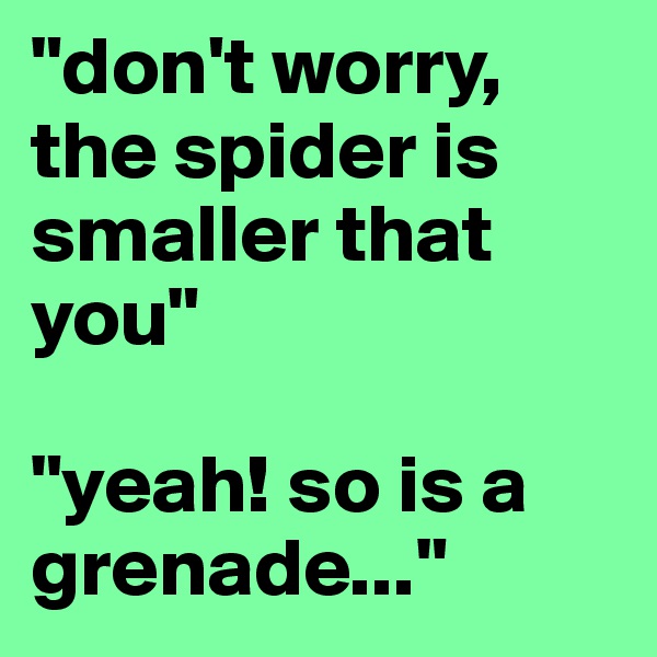 "don't worry, the spider is smaller that you"

"yeah! so is a grenade..."