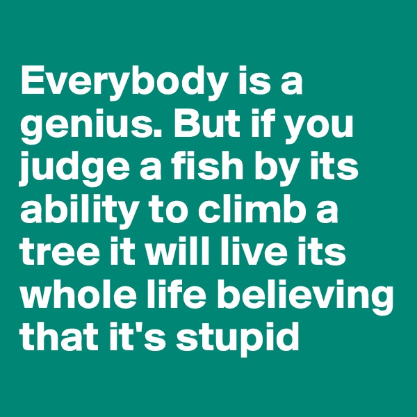 
Everybody is a genius. But if you judge a fish by its ability to climb a tree it will live its whole life believing that it's stupid