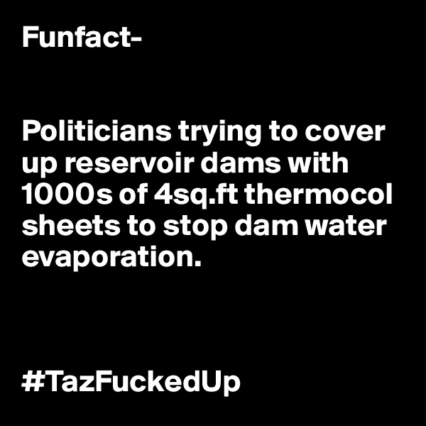 Funfact-


Politicians trying to cover up reservoir dams with 1000s of 4sq.ft thermocol sheets to stop dam water evaporation.



#TazFuckedUp