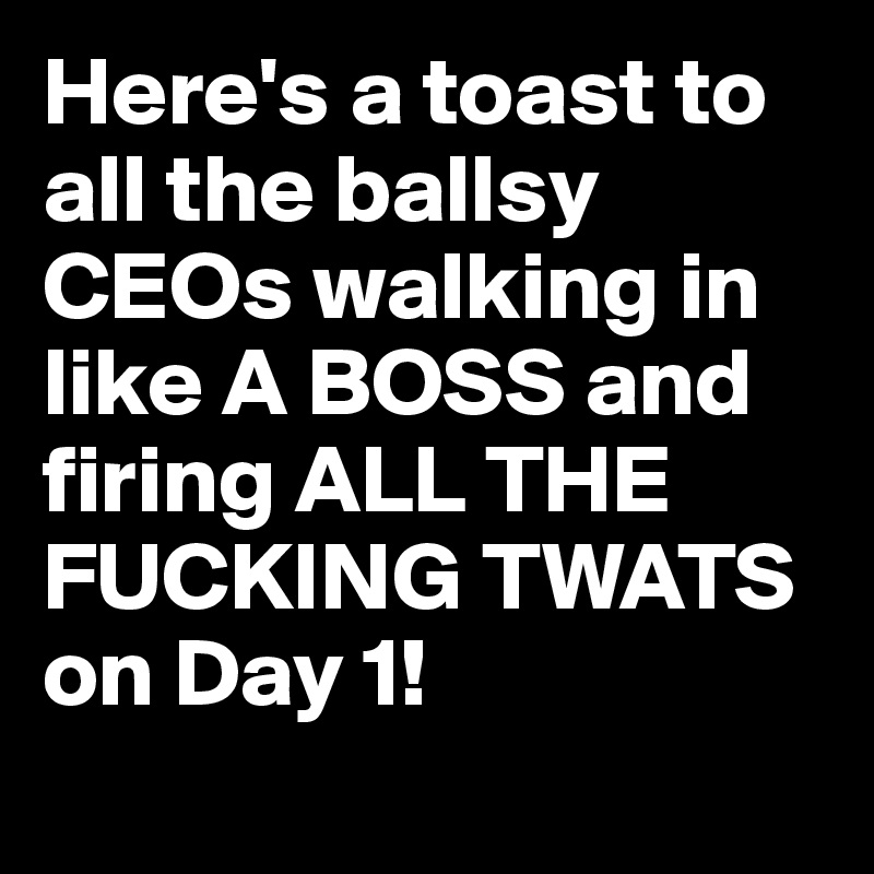 Here's a toast to all the ballsy CEOs walking in like A BOSS and firing ALL THE FUCKING TWATS on Day 1!
