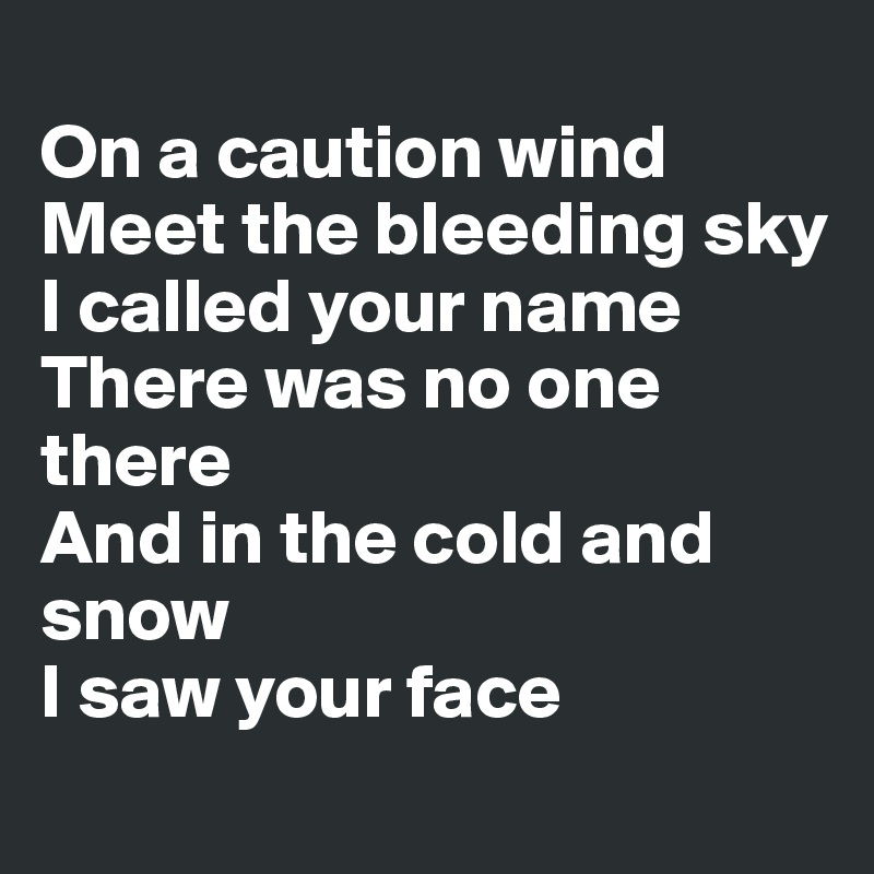 
On a caution wind
Meet the bleeding sky
I called your name
There was no one there
And in the cold and snow
I saw your face
