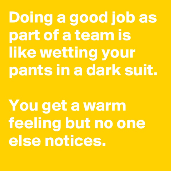 Doing a good job as part of a team is like wetting your pants in a dark suit.

You get a warm feeling but no one else notices.