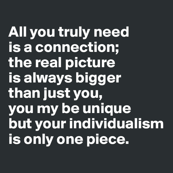 
All you truly need 
is a connection; 
the real picture 
is always bigger 
than just you, 
you my be unique
but your individualism is only one piece.
