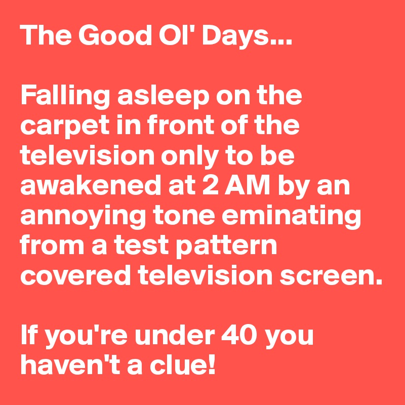 The Good Ol' Days...

Falling asleep on the carpet in front of the television only to be awakened at 2 AM by an annoying tone eminating from a test pattern covered television screen.

If you're under 40 you haven't a clue!