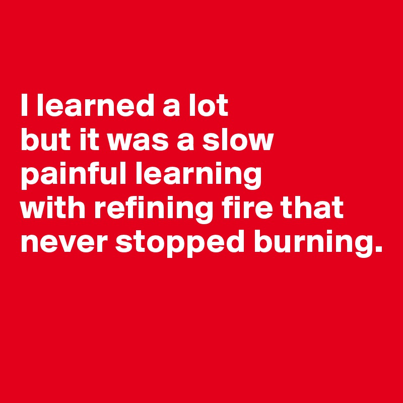 

I learned a lot 
but it was a slow painful learning 
with refining fire that never stopped burning.


