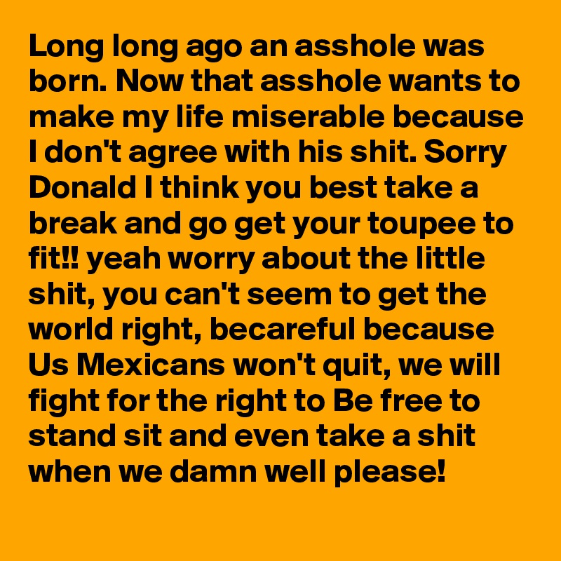 Long long ago an asshole was born. Now that asshole wants to make my life miserable because I don't agree with his shit. Sorry Donald I think you best take a break and go get your toupee to fit!! yeah worry about the little shit, you can't seem to get the world right, becareful because Us Mexicans won't quit, we will fight for the right to Be free to stand sit and even take a shit when we damn well please!