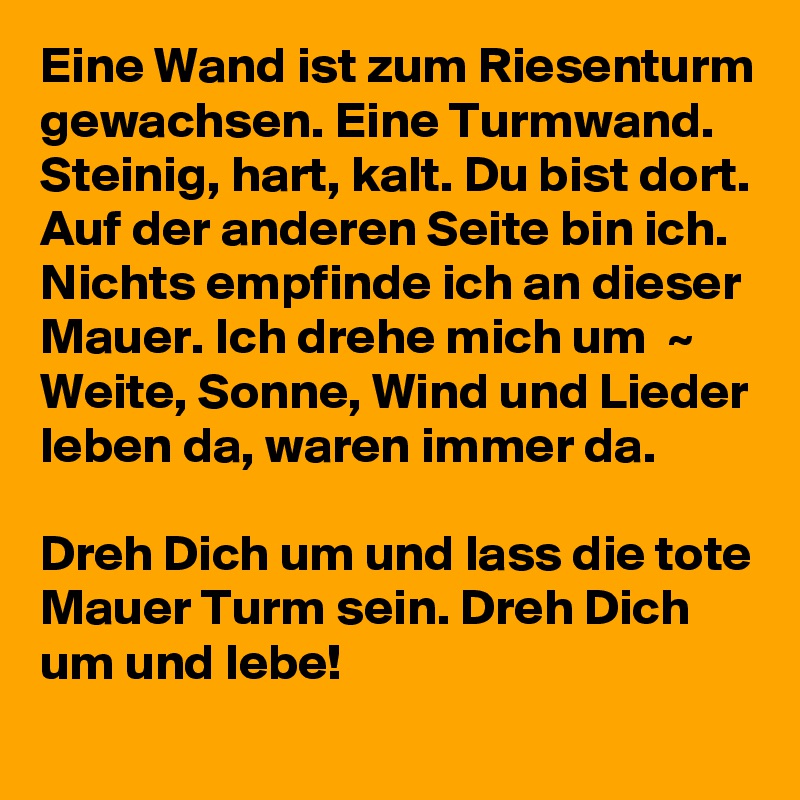 Eine Wand ist zum Riesenturm gewachsen. Eine Turmwand. Steinig, hart, kalt. Du bist dort. Auf der anderen Seite bin ich. Nichts empfinde ich an dieser Mauer. Ich drehe mich um  ~ Weite, Sonne, Wind und Lieder leben da, waren immer da. 

Dreh Dich um und lass die tote Mauer Turm sein. Dreh Dich um und lebe!  