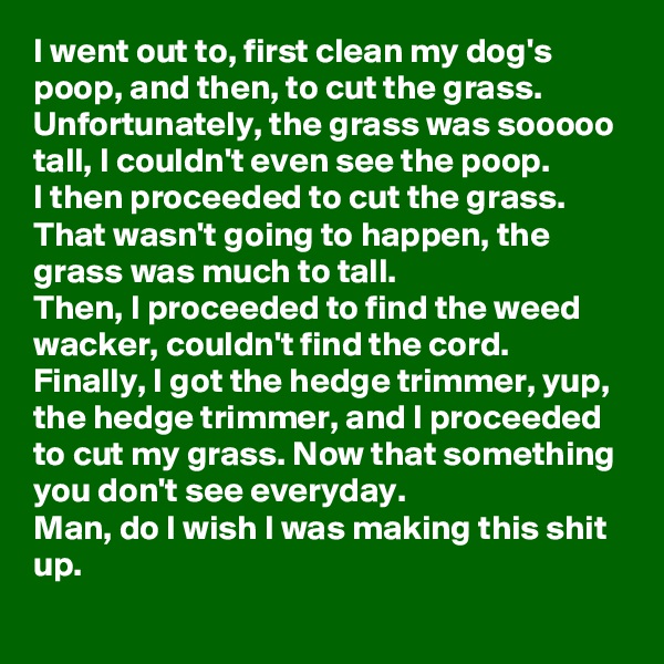 I went out to, first clean my dog's poop, and then, to cut the grass. 
Unfortunately, the grass was sooooo tall, I couldn't even see the poop. 
I then proceeded to cut the grass. 
That wasn't going to happen, the grass was much to tall. 
Then, I proceeded to find the weed wacker, couldn't find the cord. 
Finally, I got the hedge trimmer, yup, the hedge trimmer, and I proceeded to cut my grass. Now that something you don't see everyday. 
Man, do I wish I was making this shit up. 