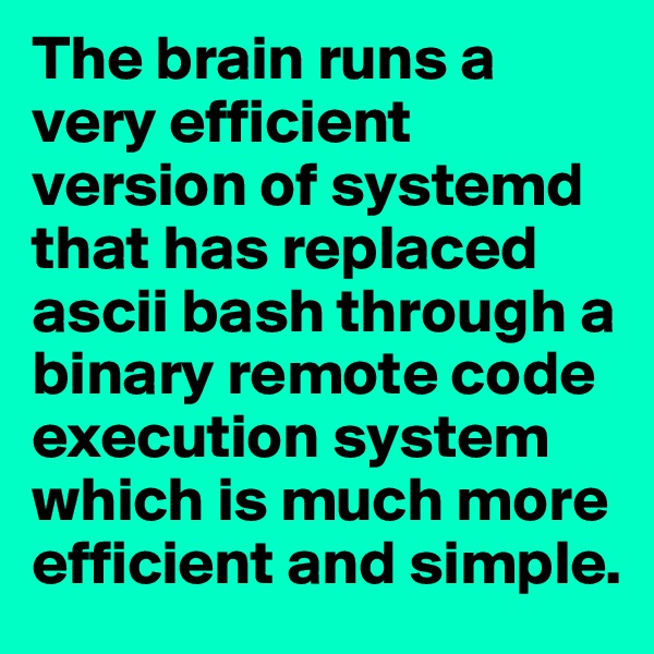 The brain runs a very efficient version of systemd that has replaced ascii bash through a binary remote code execution system which is much more efficient and simple.