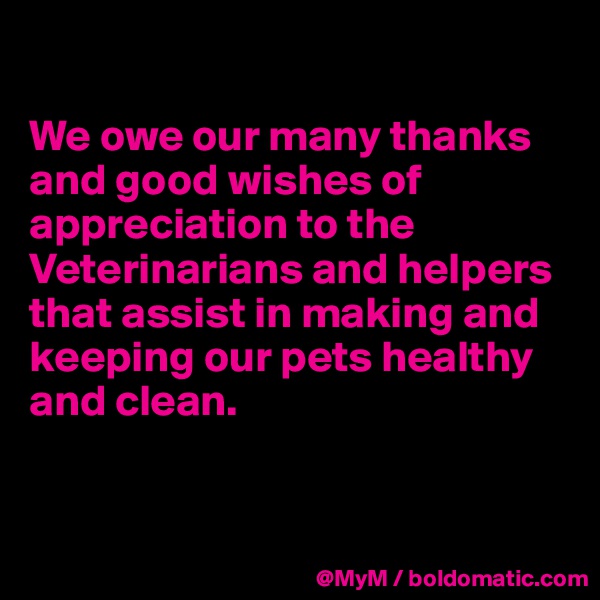 

We owe our many thanks and good wishes of appreciation to the Veterinarians and helpers that assist in making and keeping our pets healthy and clean.


