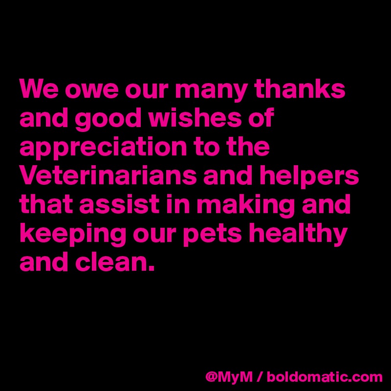 

We owe our many thanks and good wishes of appreciation to the Veterinarians and helpers that assist in making and keeping our pets healthy and clean.


