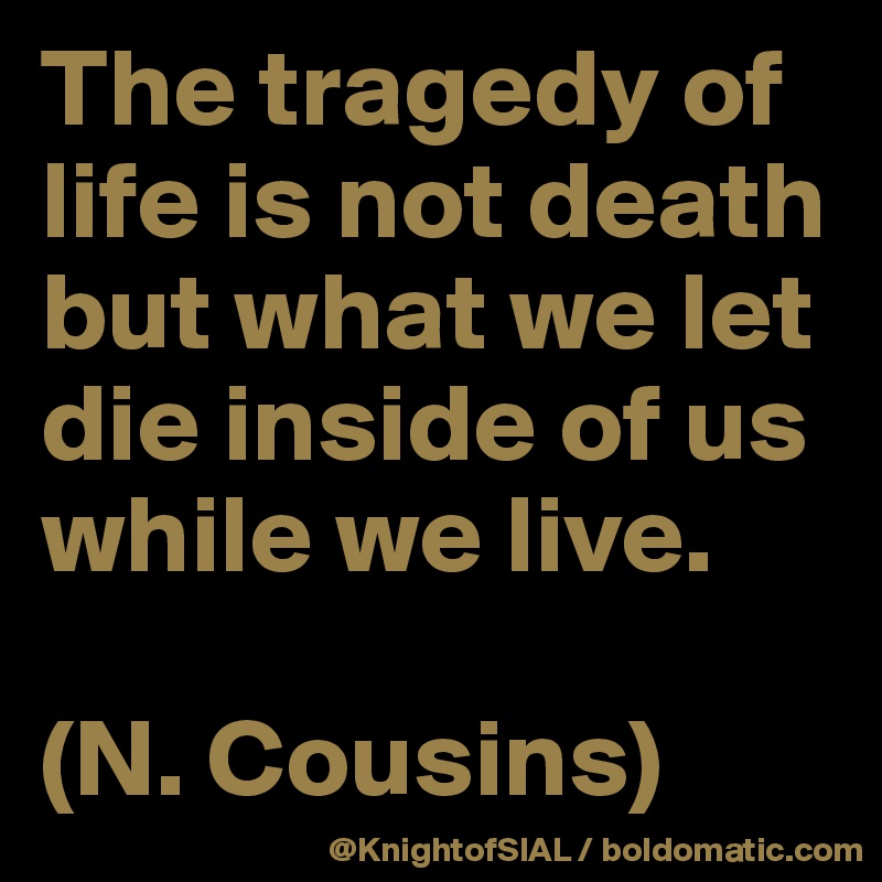 The tragedy of life is not death but what we let die inside of us while we live. 

(N. Cousins)