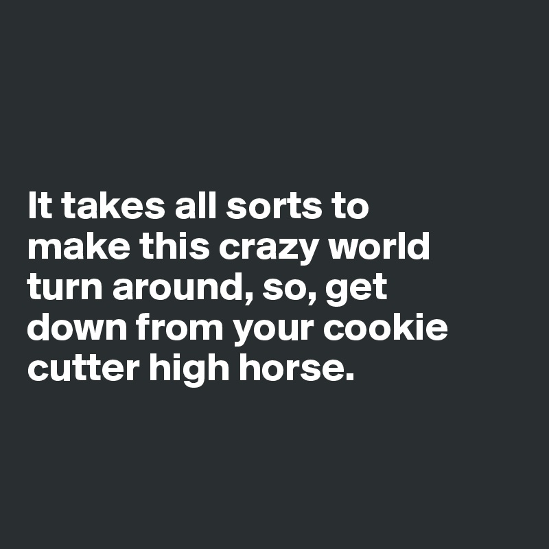 



It takes all sorts to 
make this crazy world 
turn around, so, get 
down from your cookie cutter high horse. 


