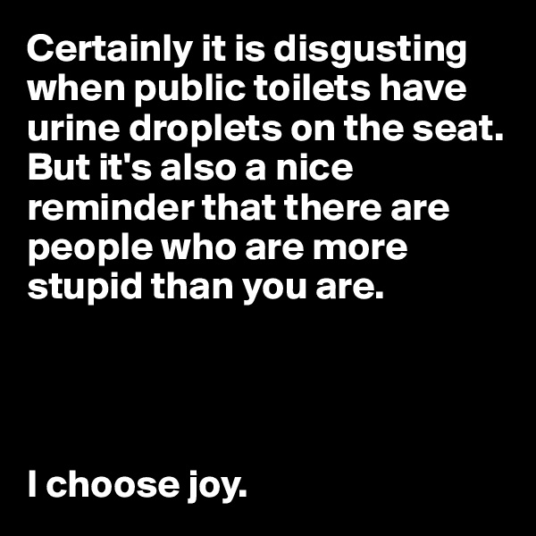 Certainly it is disgusting when public toilets have urine droplets on the seat. But it's also a nice reminder that there are people who are more stupid than you are.




I choose joy.